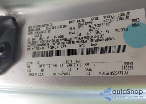 2016 Ford F-150 Xlt z USA, uszkodzony, nr VIN 1FTEX1EP8GKE40737